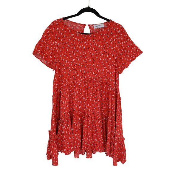 Ebby & I Red Floral Tiered Dress Size 8 Short Sleeves & Keyhole Back Closure - Picture 1 of 11